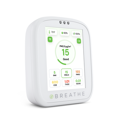 BREATHE Airmonitor Plus Indoor Air Quality Monitor – Smart CO2, PM1/PM2.5/PM10, VOC & Formaldehyde Tester with App