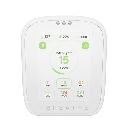 BREATHE Airmonitor Plus Indoor Air Quality Monitor – Smart CO2, PM1/PM2.5/PM10, VOC & Formaldehyde Tester with App